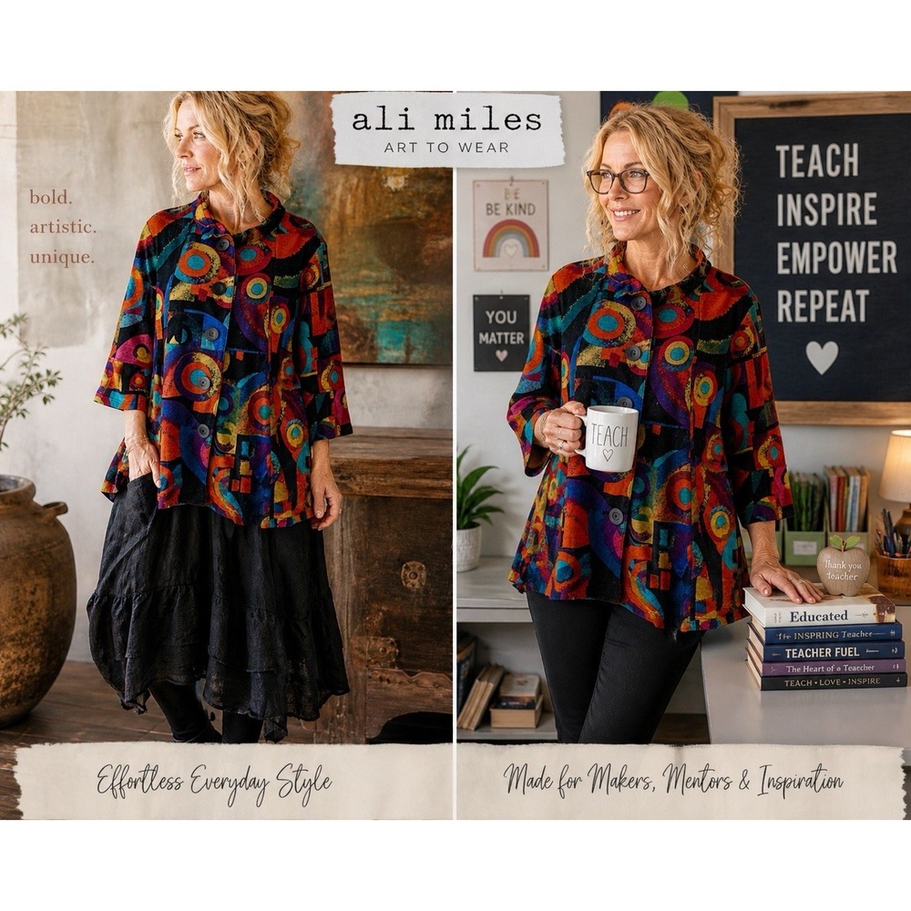 Ali Miles Women Jacket‎ M Abstract Art Print Button Front Swing Top Lagenlook